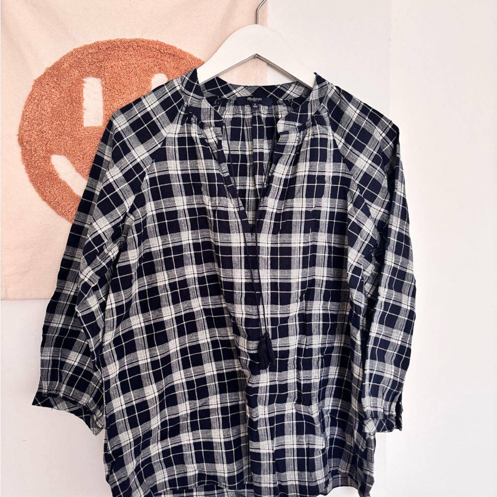 Madewell Plaid Navy and White Blouse